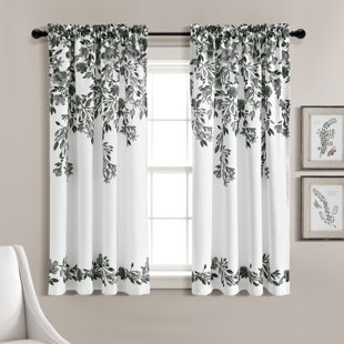 2 Piece Black Window Curtain Panel Set Silver Pin Dot Floral Design Two 