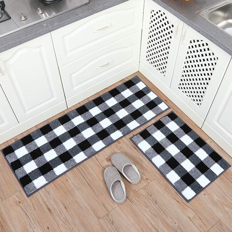 2 Piece Non Slip Kitchen Mat Rubber Backing Doormat Runner Rug Set Design Black