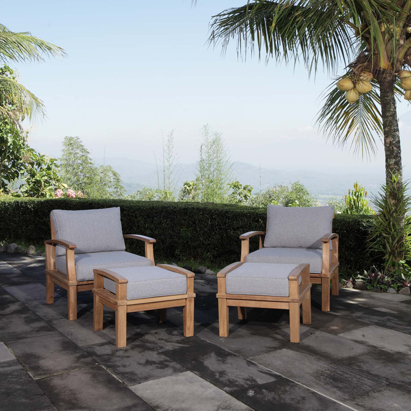 Midway Teak Patio Chair with Cushions and Ottoman Set ...