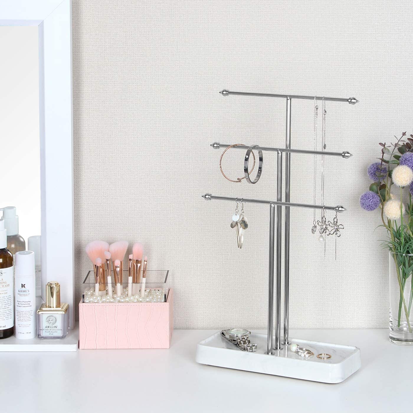 Silver Metal Tree Jewelry Organizer Display Stand with Tray