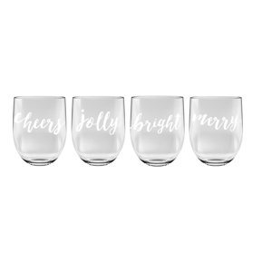 Holiday Cheers Satin Etched 16 Oz. Stemless Acrylic Wine Glass (Set of 4)