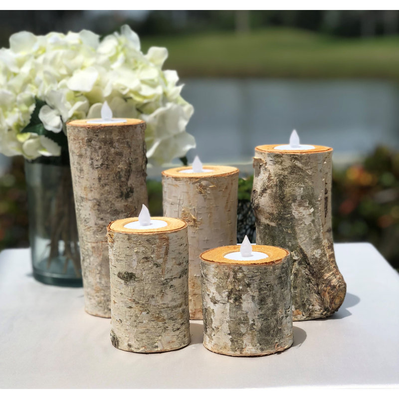 Ebern Designs 5 Piece Birch Bark Log Small Wood Tealight Holder