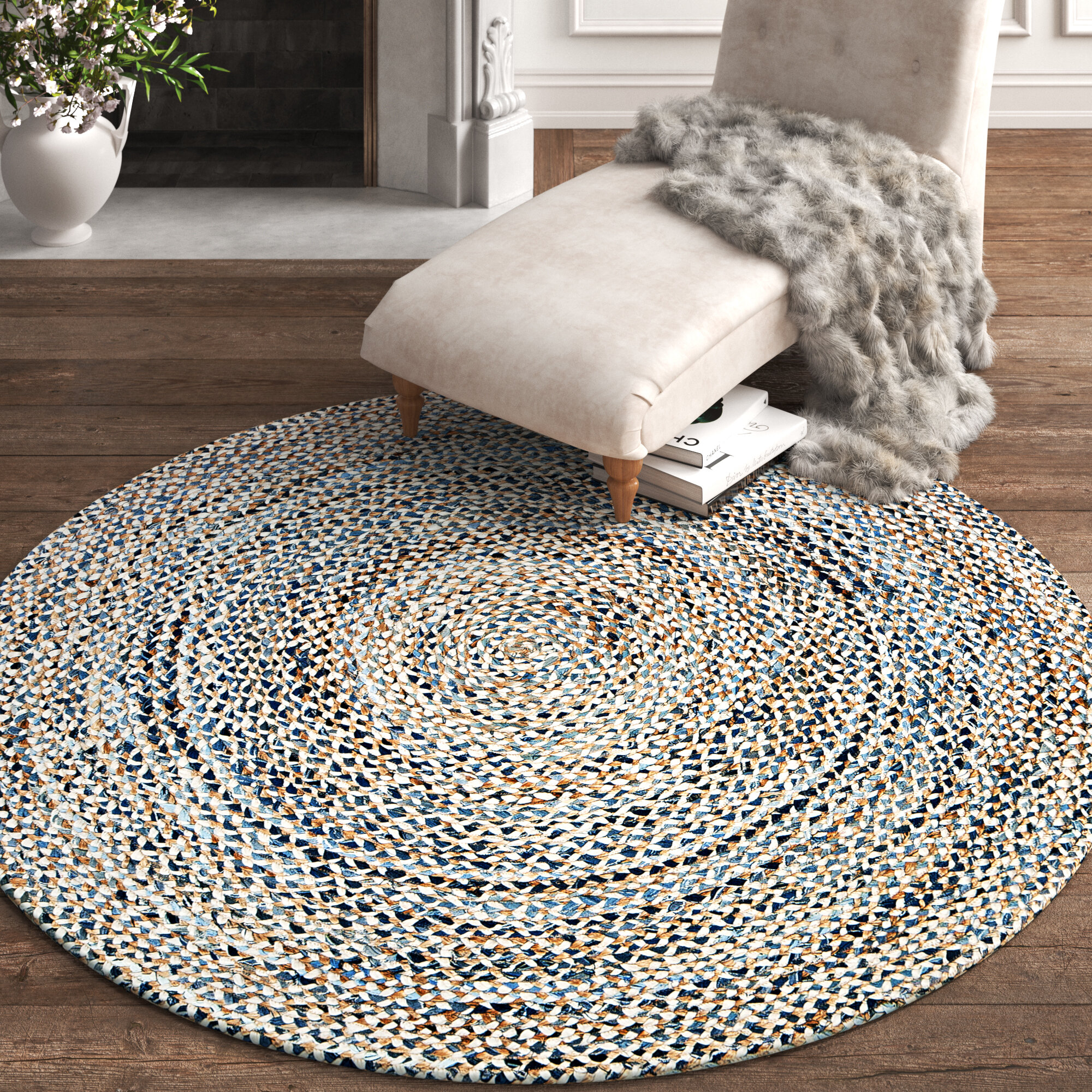 Round Braided Area Rug Cotton Hardwood Floors Natural Recycled Rug 