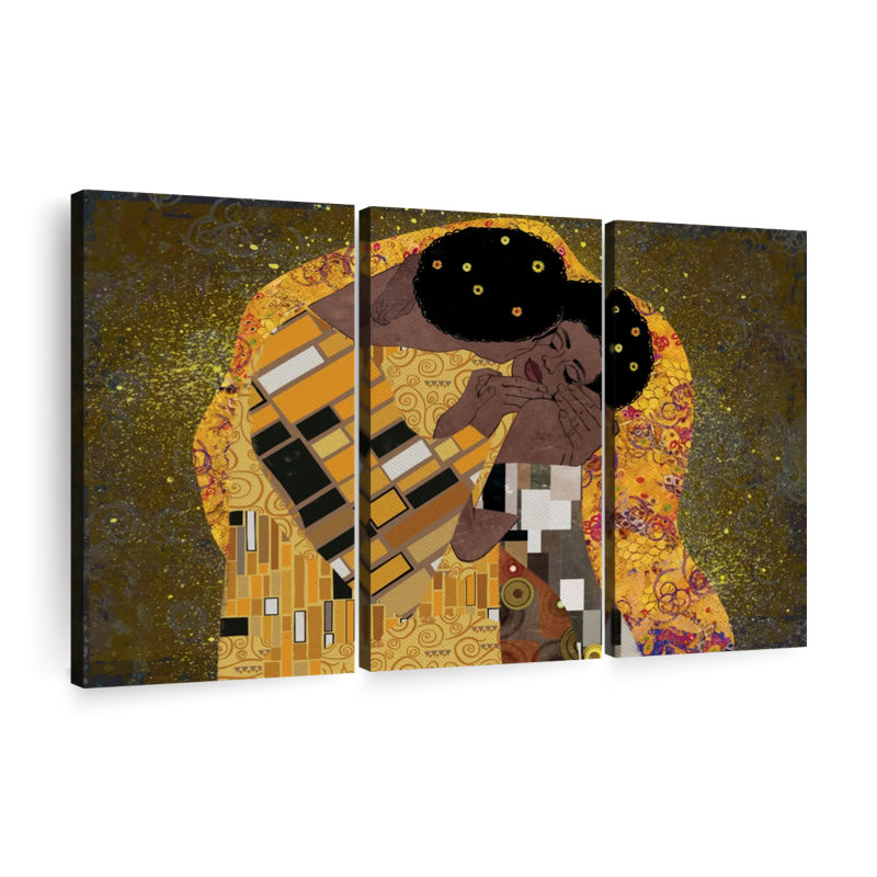 Black Couple Kiss - 3 Piece Wrapped Canvas Print