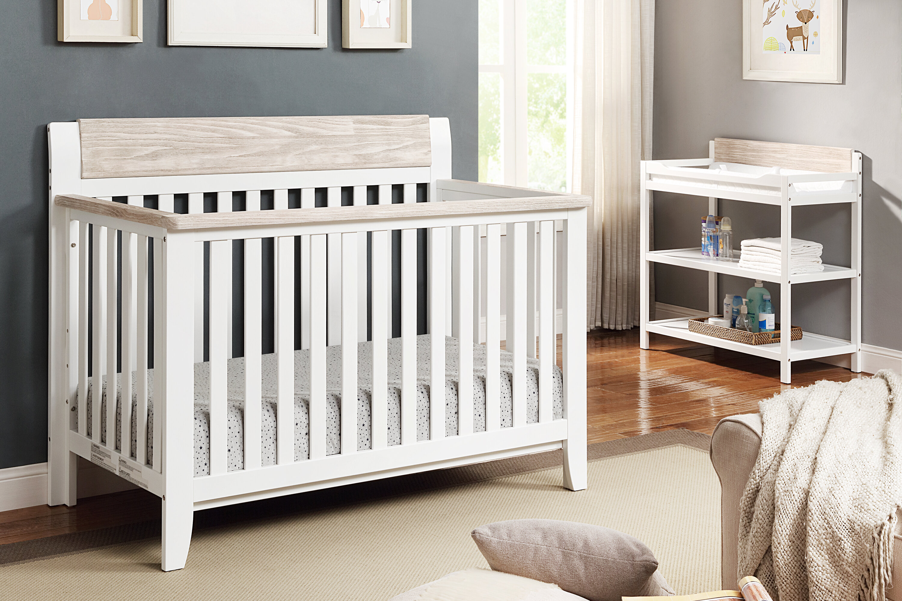 white crib and dresser set