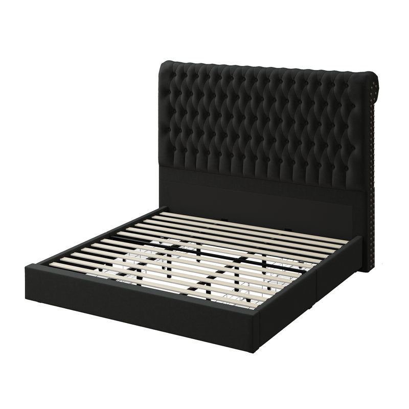 Kanisha Upholstered Storage Bed with Button Tufted Velvet Headboard, 4 Drawers Color: Black, Size: King