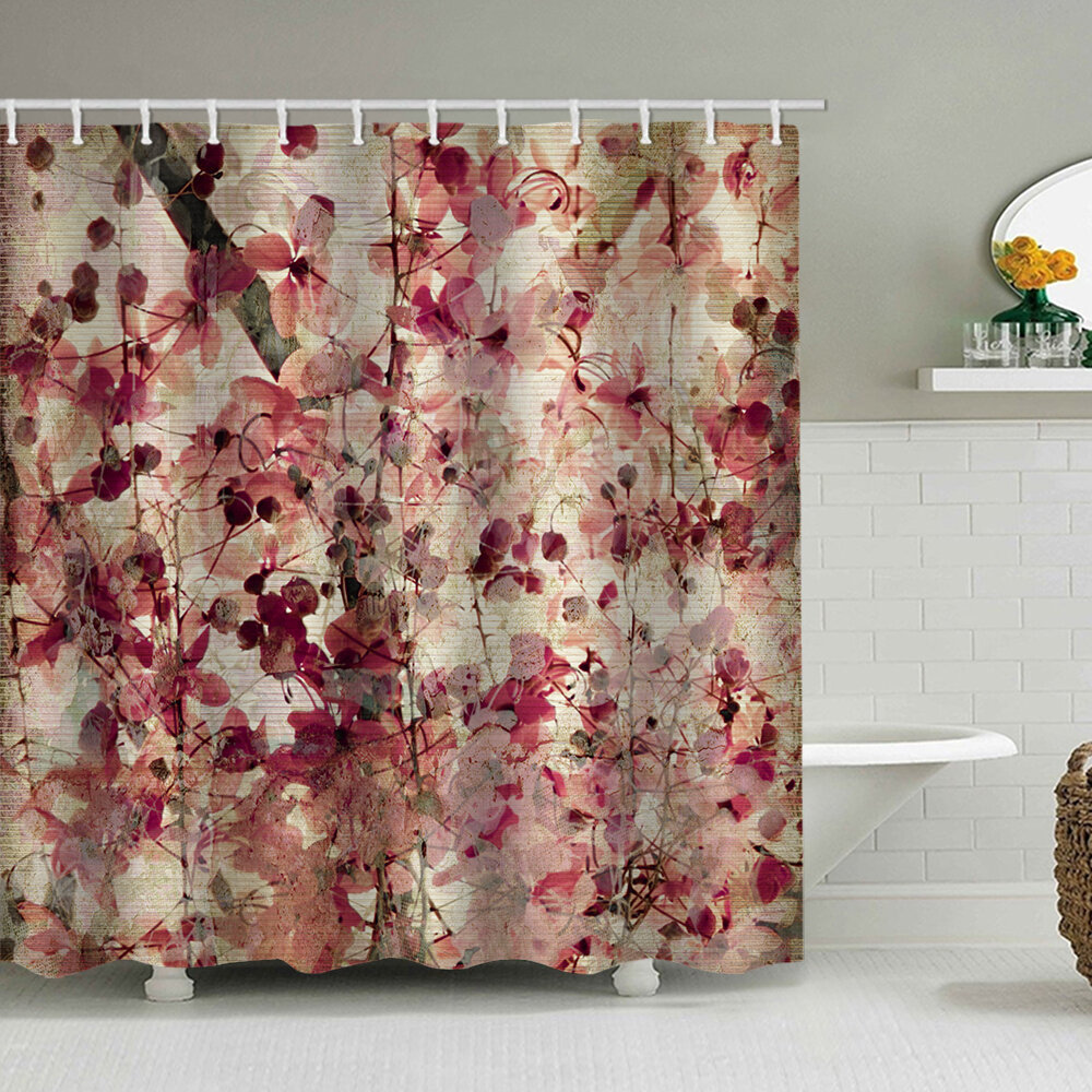 Red Cherry Blossom Flower Waterproof Fabric & 12 Hooks Bathroom Shower Curtain 