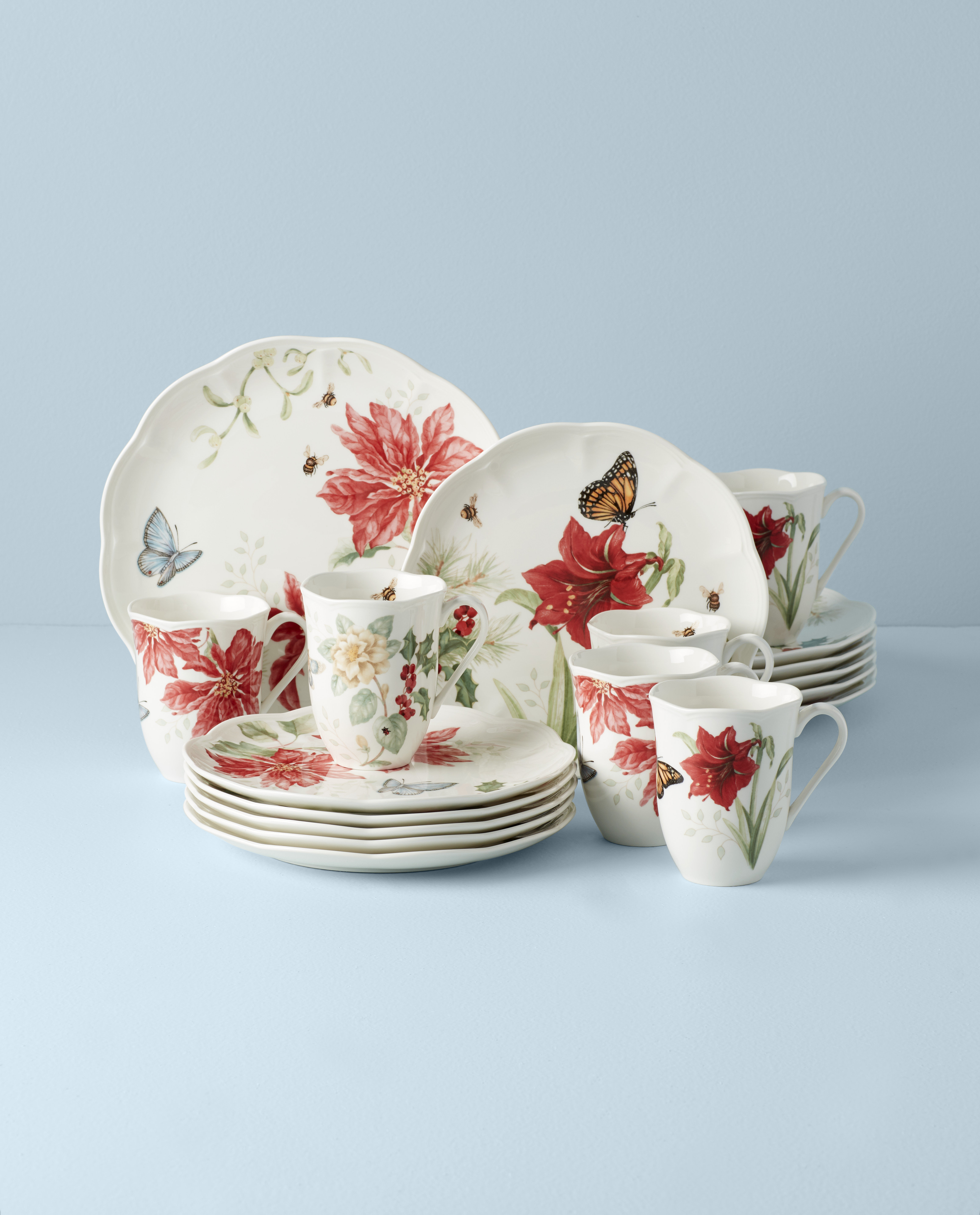 16.60 LB Red & Green Lenox Butterfly Meadow Holiday 12-Piece Dinnerware Set 