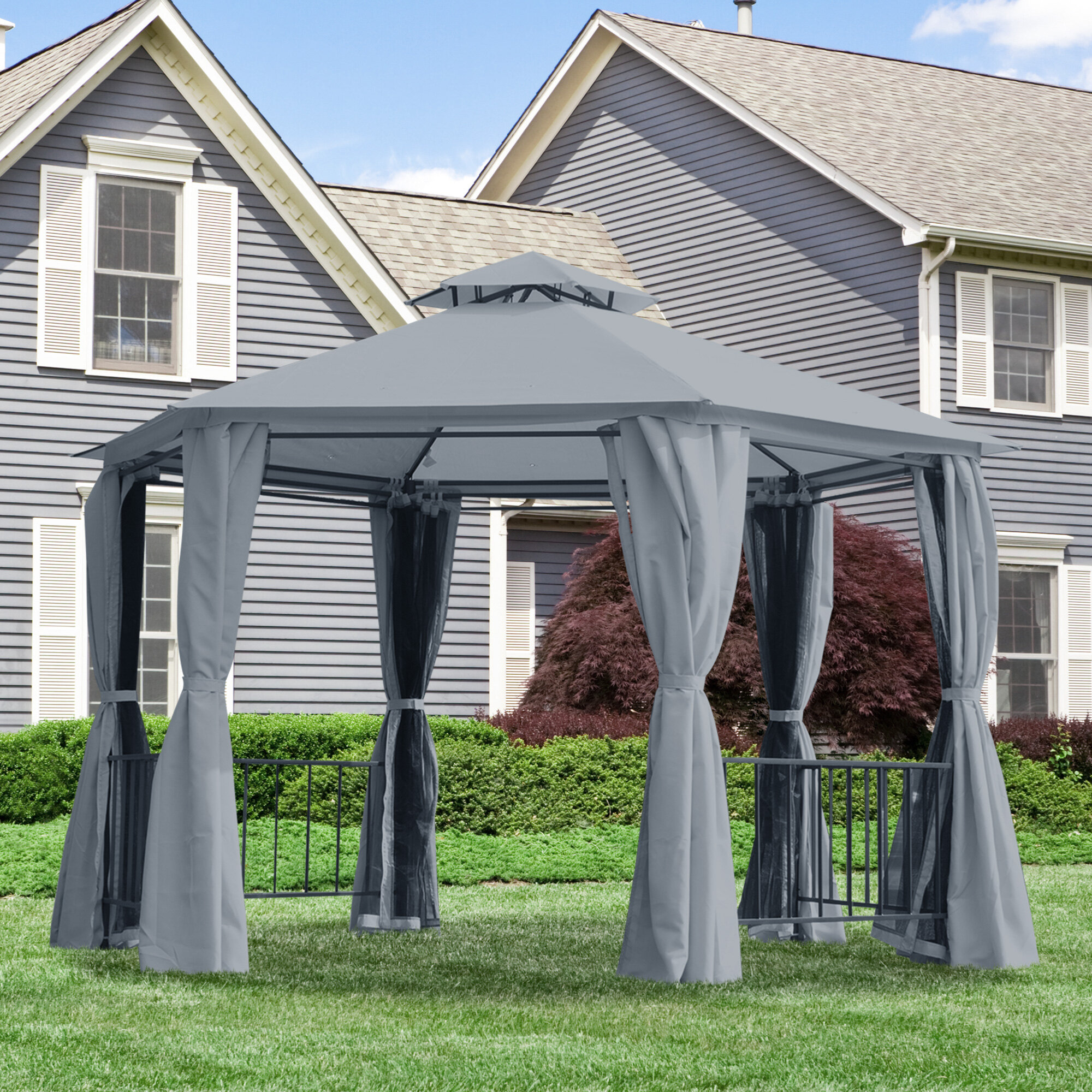 Outsunny 13ft Hexagon Gazebo Outdoor Canopy Shelter with Netting and Shaded Curtains Beige 