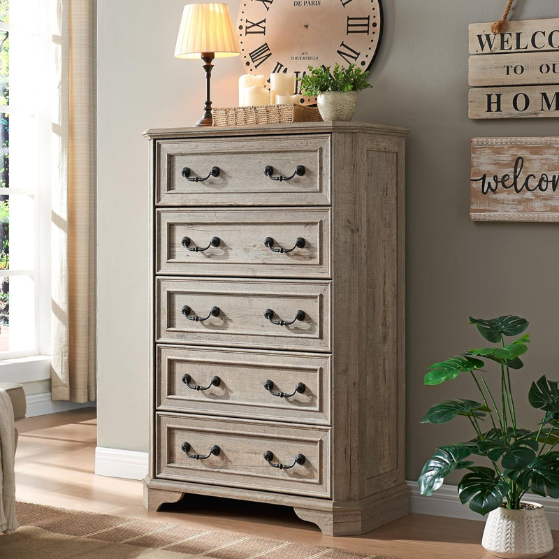 Theron Farmhouse 5 Drawer Bedroom Dresser, Wood Tall Chest of Drawers, Closet Storage for Bedroom Color: Light Rustic Oak