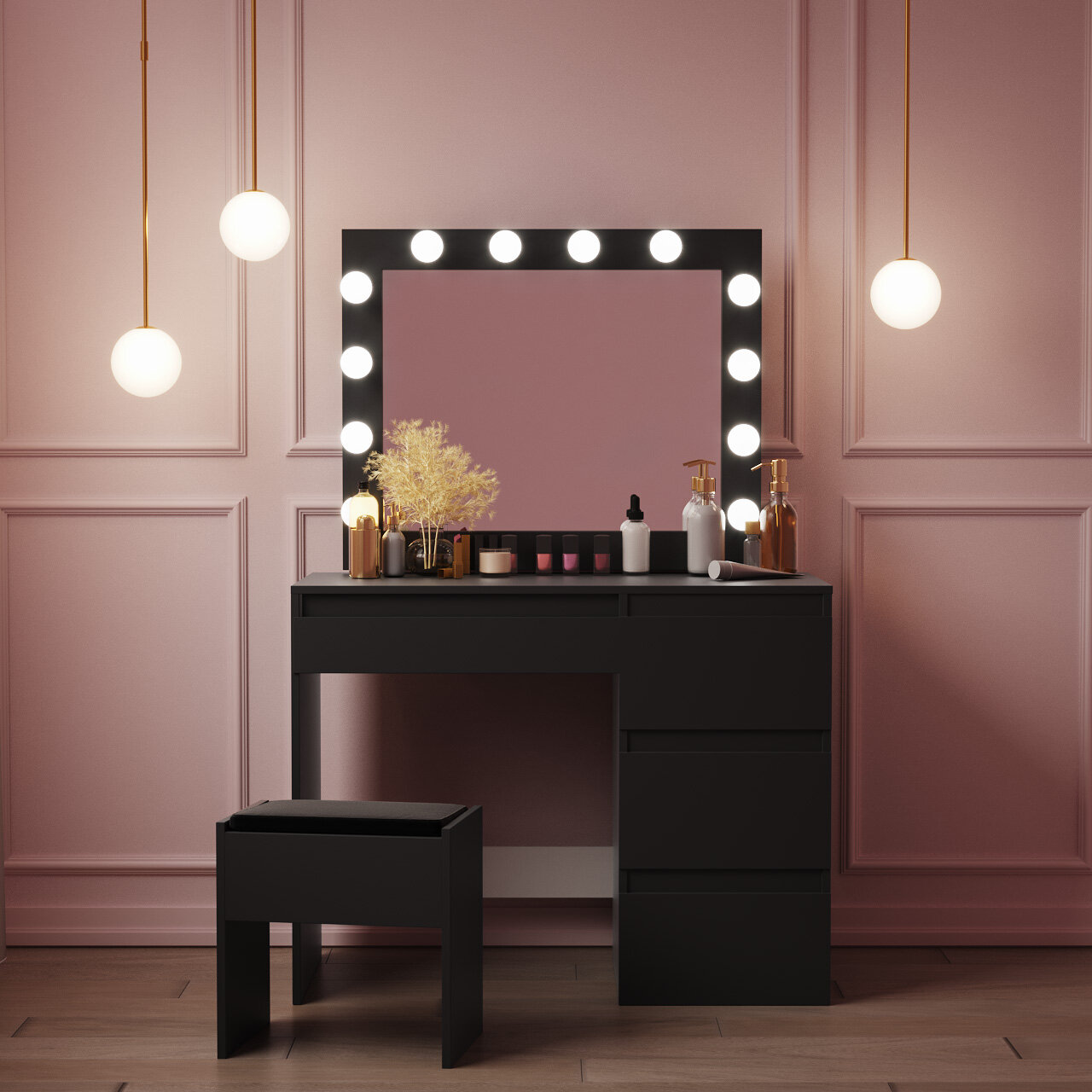 Latitude Run Contemporary Style Makeup Vanity Table With Led Lights And Stool Wayfair