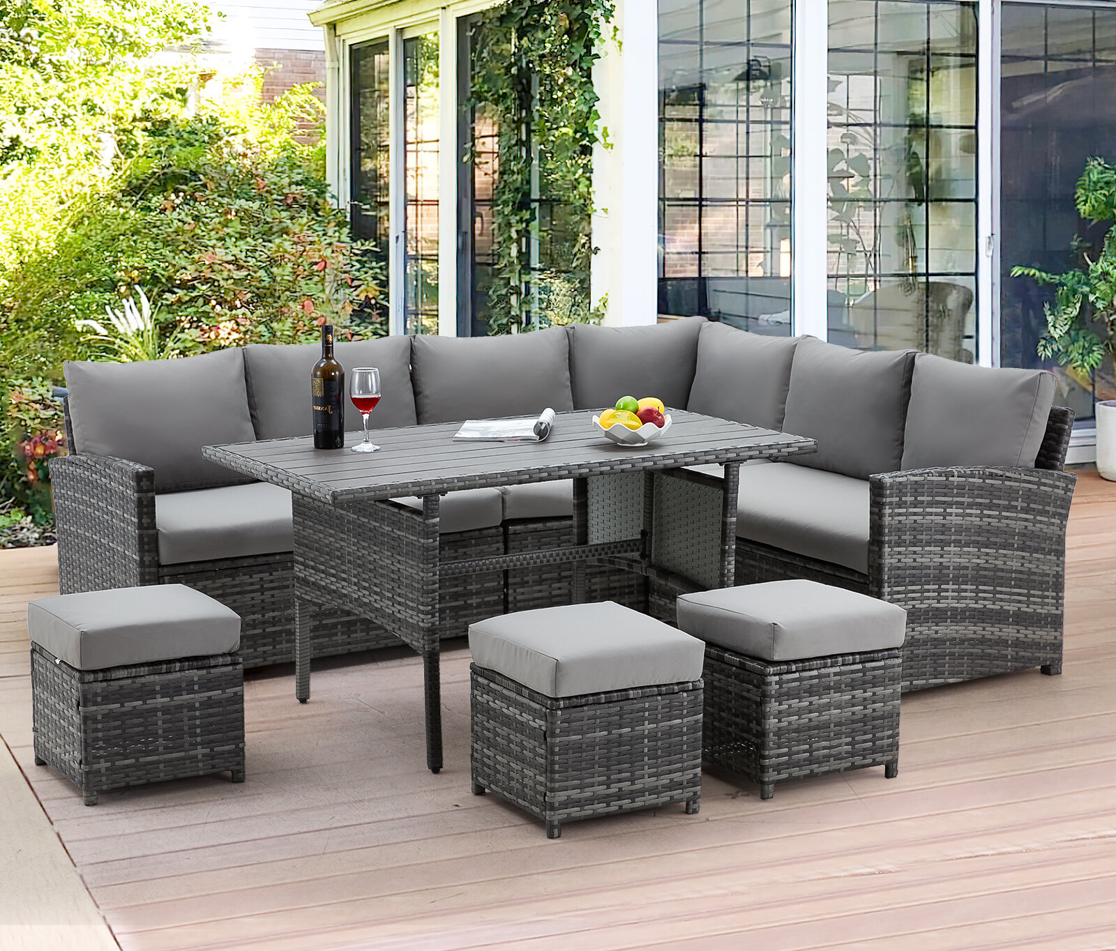 Light Brown Gray Woven 6 Rectangular Rattan dinette with a Gray Cushions,Grey