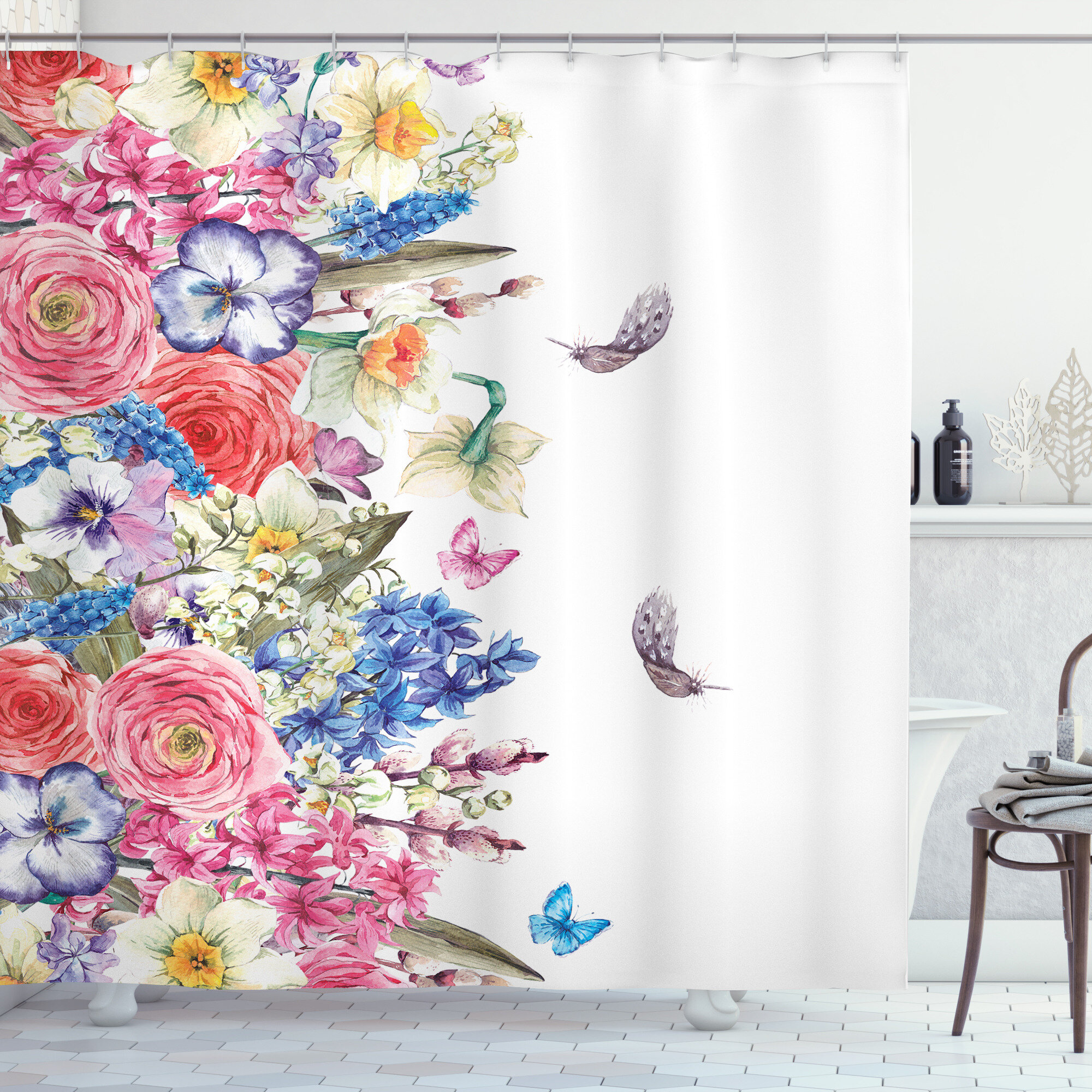 Vintage Floral Shower Curtain with Butterflies Flowers and Butterfly Bathroom Decor