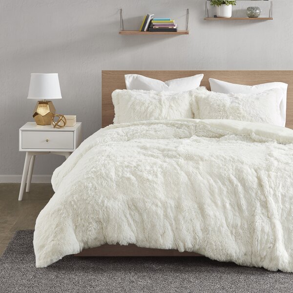 Lovely Snow Top Blush Faux Long Mink Fur 3 pcs Cal King Queen Comforter Set 