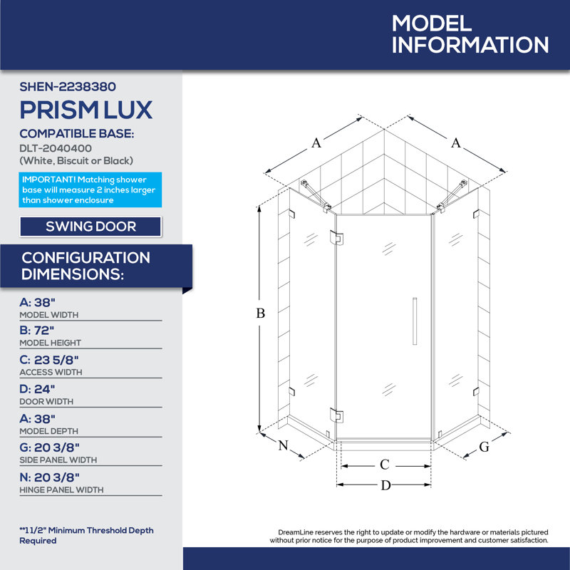 Dreamline Prism Lux 40 X 74 75 Neo Angle Hinged Shower Enclosure