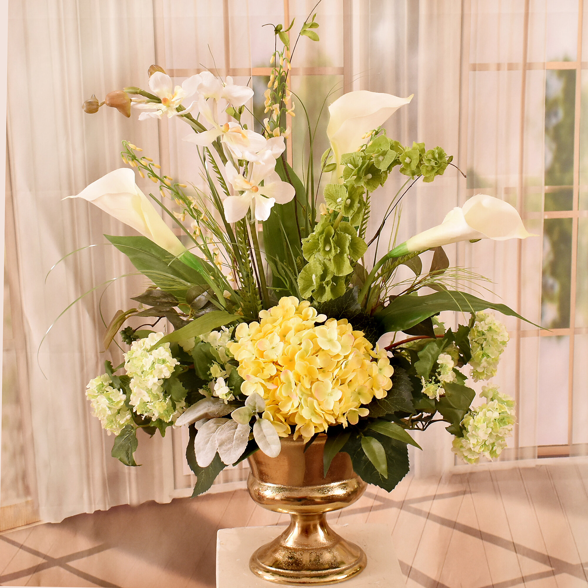 Floral Home Decor Calla Lily, Hydrangea And Orchid Silk Floral Design 