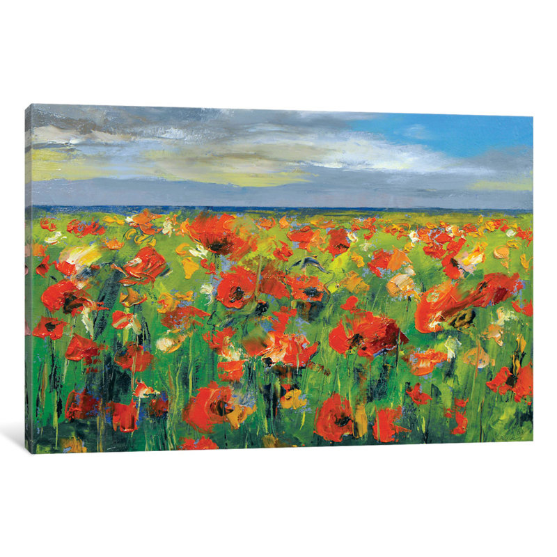 East Urban Home Poppy Field With Storm Clouds Painting Print On