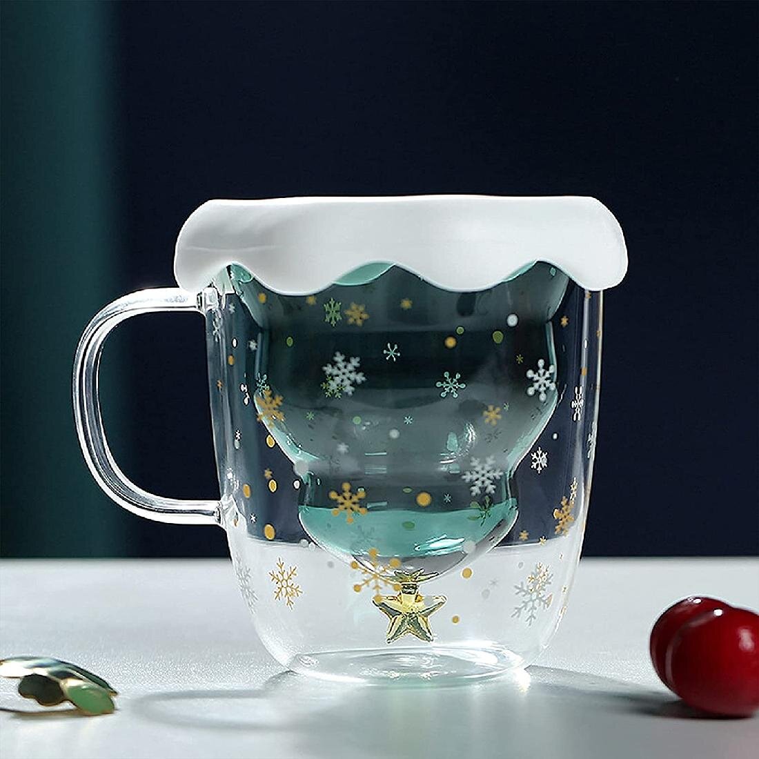 Double Wall Design Glass Tea Coffee Mug Cup Clear Heat-resistant Christmas Tree 