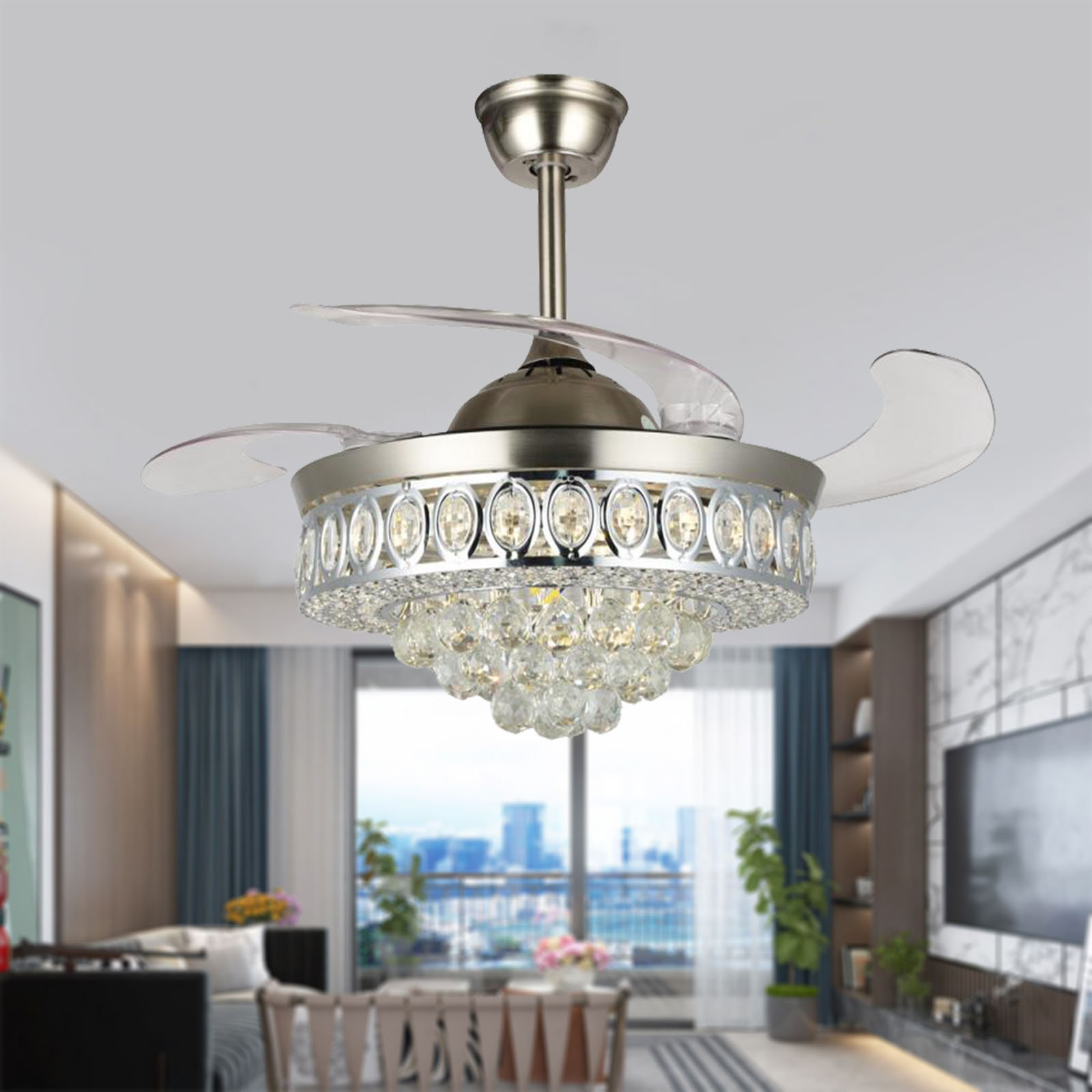LOW PRICE！！42" Crystal LED Ceiling Fan Light Decor Lamp with 3Retractable Blades 