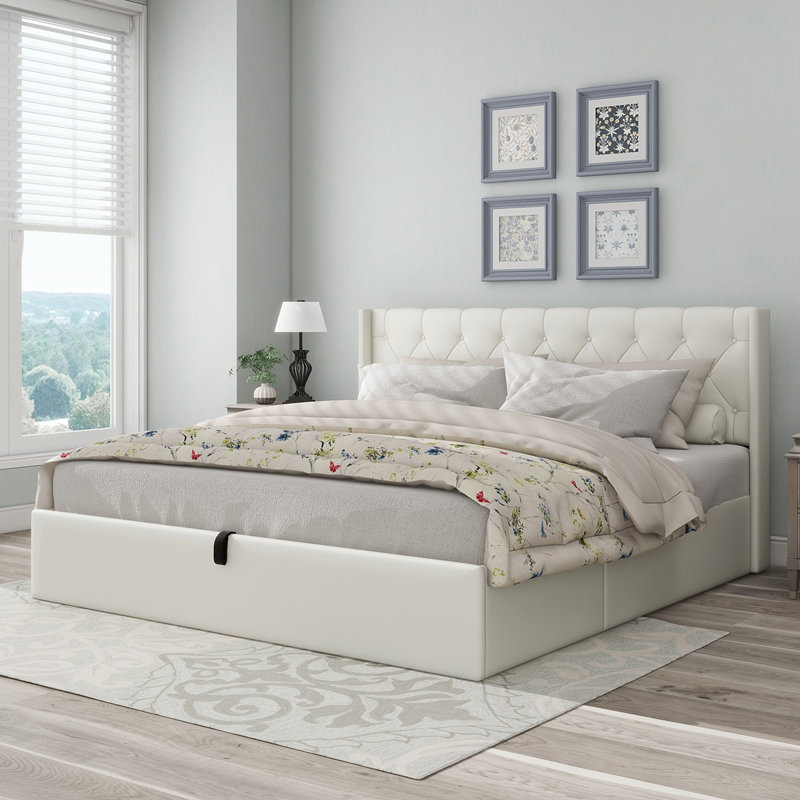 Raania Hydraulic Lift Up Storage Bed with Tufted and Wingback Color: Cream, Size: Queen