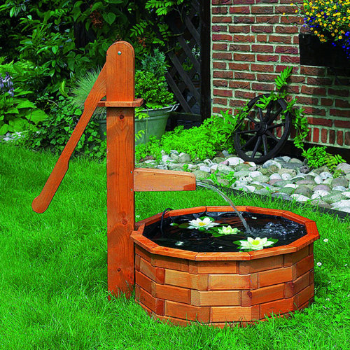 Nexos Gartenbrunnen Springbrunnen Holzbrunnen Holz Garten Brunnen Fass m Pumpe Ø 44cm GH35060