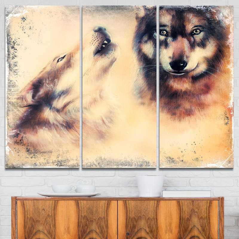 Designart Howling Wolf 3 Piece Graphic Art On Wrapped Canvas Set