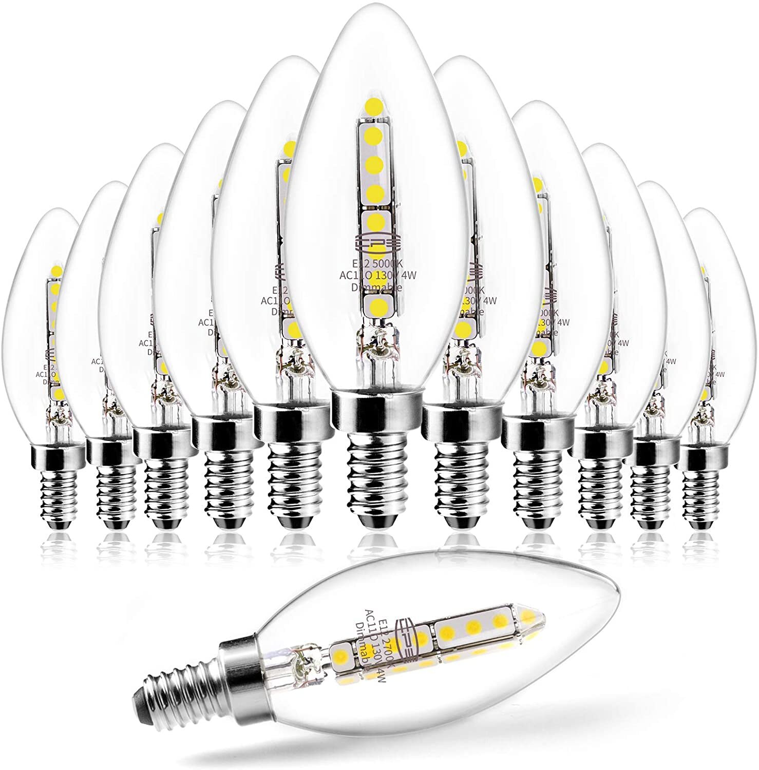 e 4 Watt 40 Watt Equivalent 25 000 Hours Long Lifespan B11 360 Led Dimmable Light Bulb Daylight White 5000k 400lm Cri85 E12 Candelabra Base Set Of 12 Wayfair