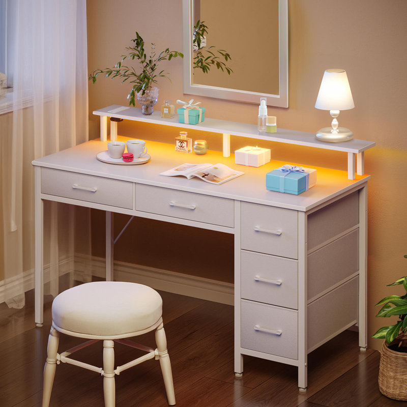 Linze Computer Desk with Drawers and Monitor Shelf, Gaming Desk with RGB LED Lights & USB Ports Size: 35.20"H x 39.40"W x 18.50"D, Color: White