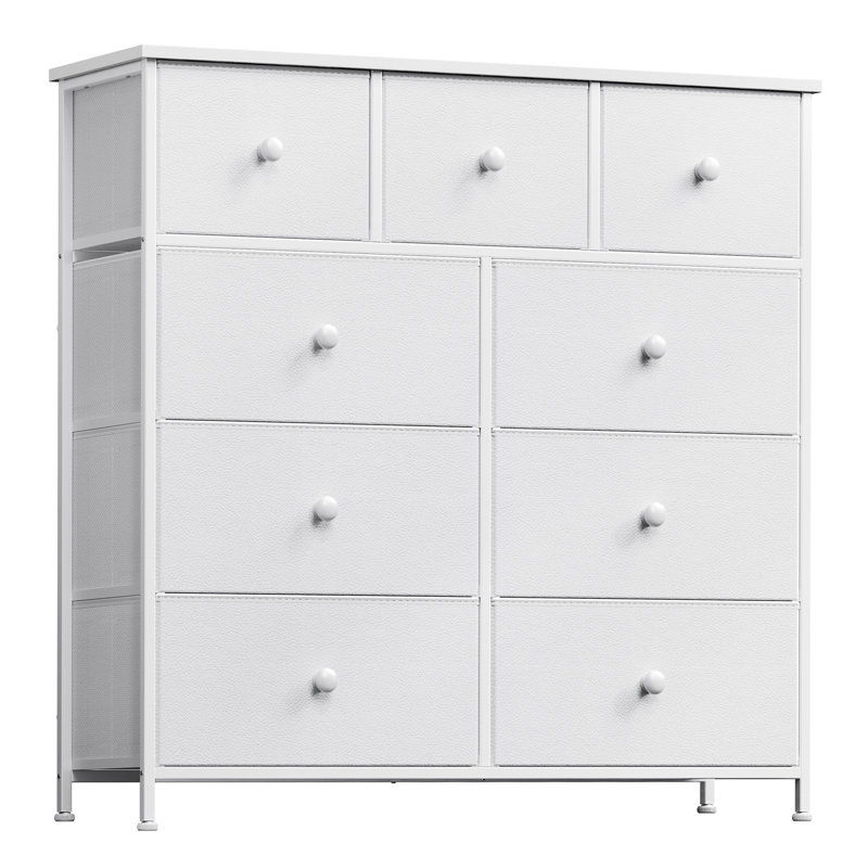 Ojaswi 9 Dresser, Chest of Drawers with Wide 39'', Easy-Pull Fabric & Wood Dressers with Top Color: White