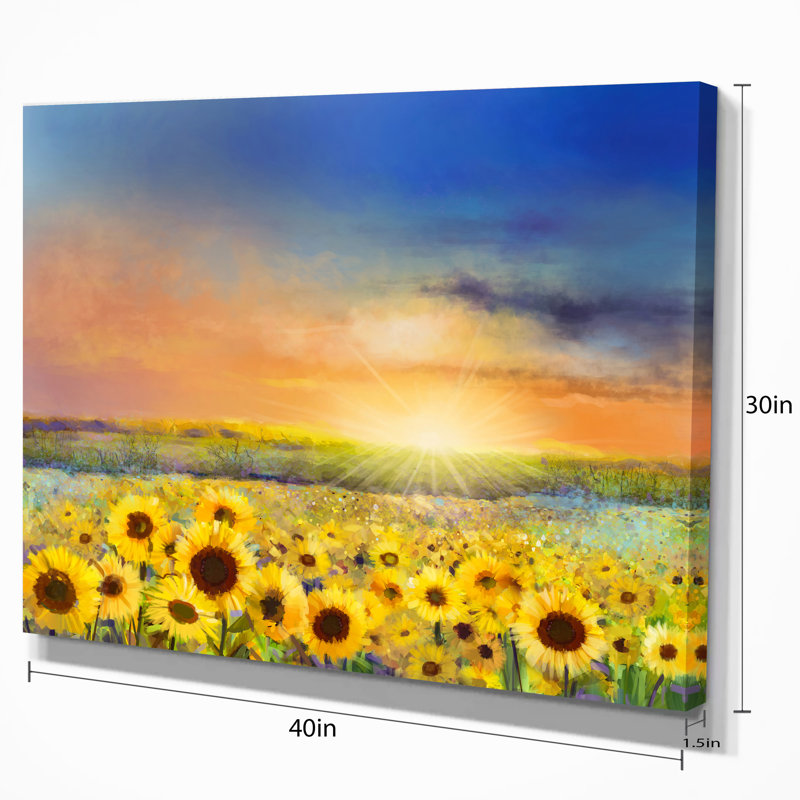 Designart Sunset Over Golden Sunflower Field Painting Print On