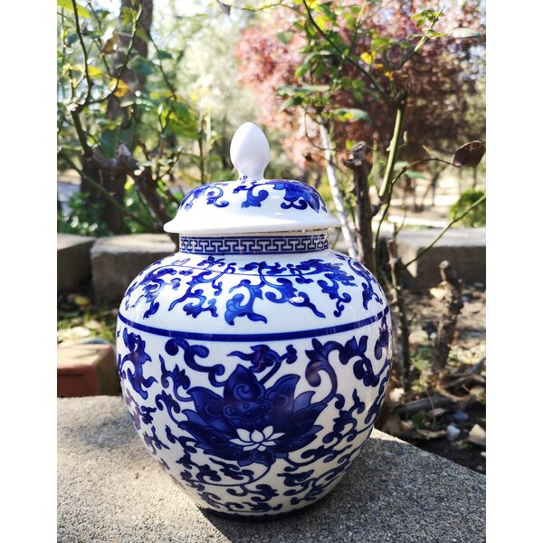 Handmade Temple Seagrass Motif Jar Blue Porcelain Handcrafted Outdoor Use Waterproof