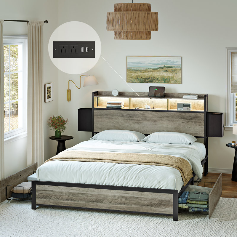 Antioch Bed Frame with 2 Underbed Drawers & 2 Bedside Drawers, Modern Bed with Charging Station & LED Light Size: Queen, Color: Gray