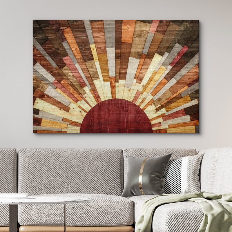 Western Wood Effect Landscape Brown Sun Rays Rustic Decor Southwest Pictures Large Framed Canvas Print Wall Art Size: 24" H x 36" W x 1.5" D, Format: Wrapped Canvas