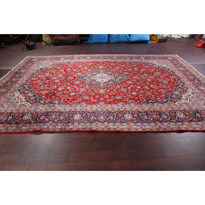 One-of-a-Kind Hildebrandt Traditional Floral Kashan Vintage Persian Hand-Knotted 9'8" x 13'4" Wool Blue/Red Area Rug