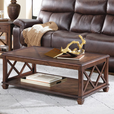 Hilma Rustic Pine Wood Coffee Table with Open-Sided Design and Storage – Traditional Cherry Stain Finish, Easy Assembly, Small Rectangle Coffee Table, 45" L