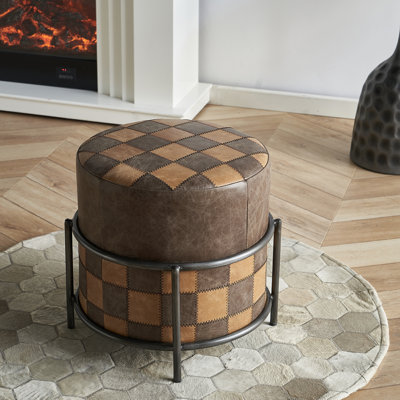 18'' Wide Genuine Leather Round Gingham Standard Ottoman