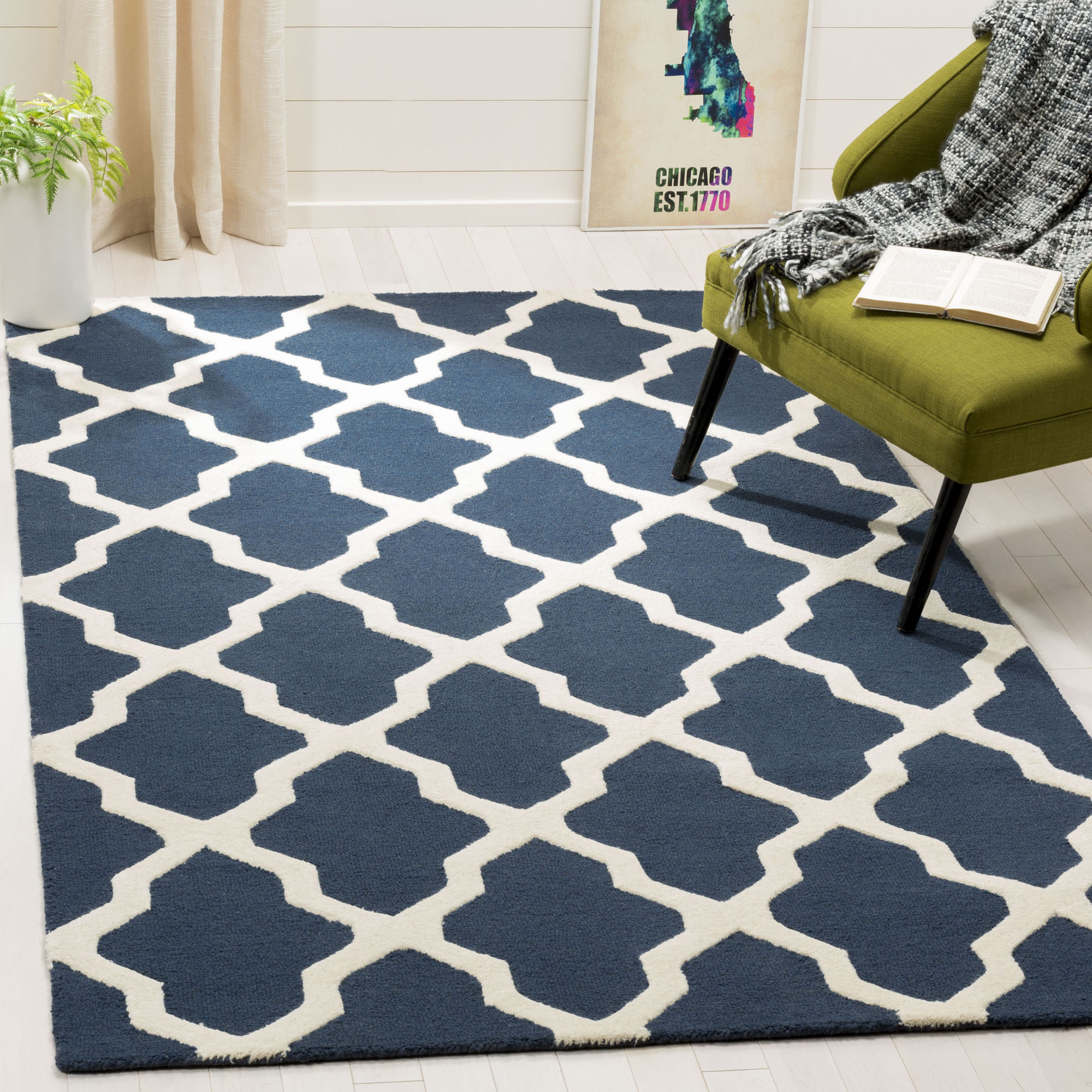 Charlenne Lattice Hand Tufted Wool Navy Blue Ivory Area Rug Charlenne Lattice Hand Tufted Wool Navy Blue Ivory Area Rug Reviews Joss Main