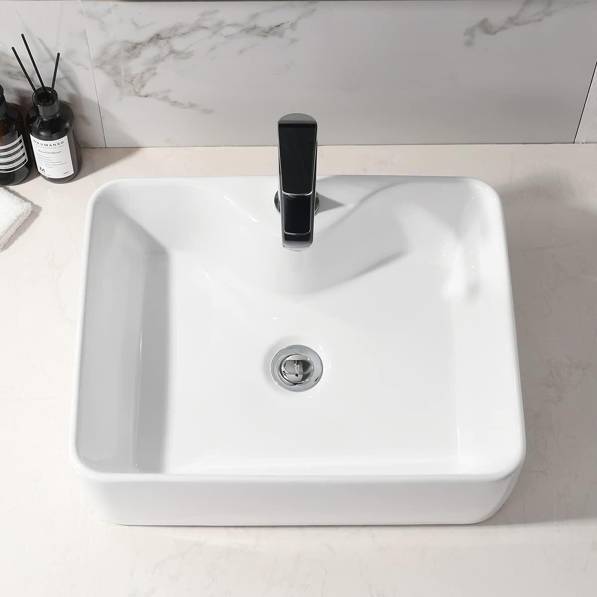 Hotis 19x15 Rectangle White Porcelain Ceramic Bathroom Vessel Vanity Sink,Vessel Sink Black Line Trim Rectangular Art Basin,Above Counter installation