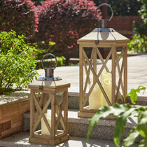 2 large white wood & silver steel 21" tall Candle holder Lantern terrace outdoor 
