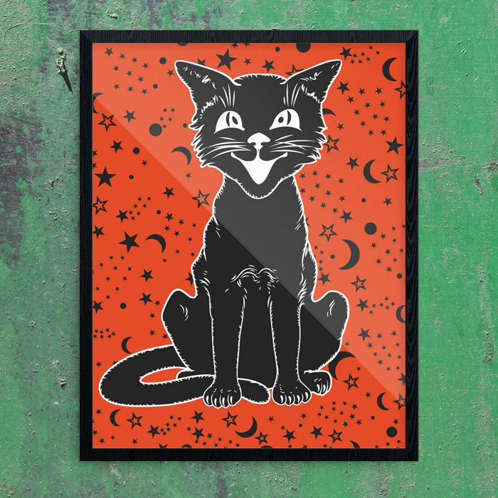 \u0027Vintage Halloween Cat on Orange\u0027 Graphic Art Print