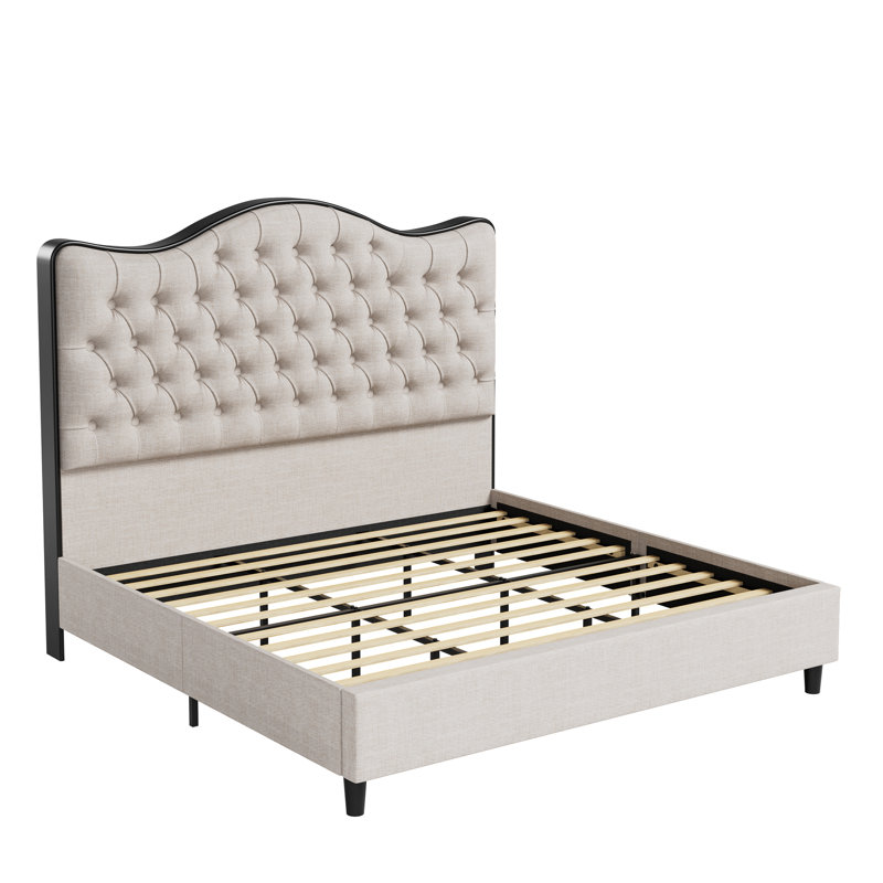 Parley 55.1'' Tall Upholstered Bed, Wood Bed Frame with Tufted Headboard Body Fabric: Linen Beige/Black, Size: Queen