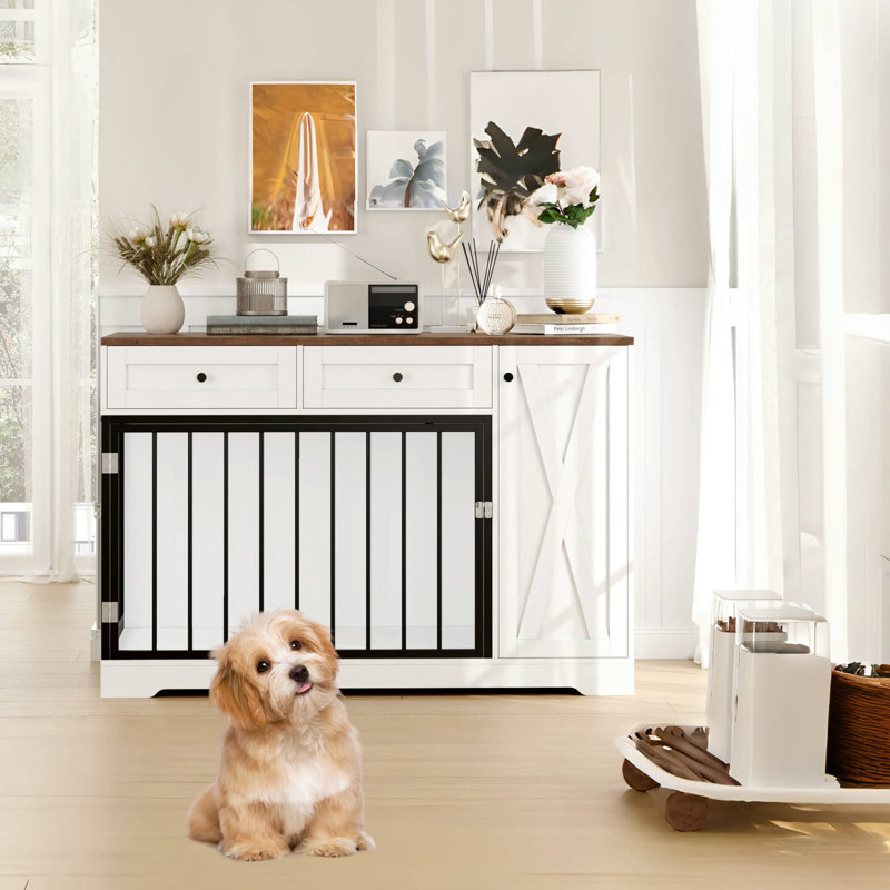 Ansel 47.2" Dog Crate Furniture with Drawers Color: White