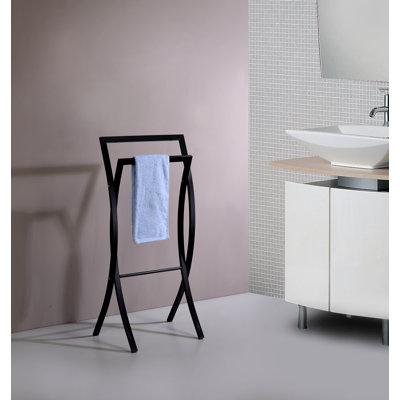 freestanding bathroom towel rack stand with two chrome bars and weighted metal base for hanging bath towels hand towels and washcloths in compact spaces with sleek contemporary design