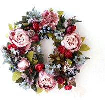 Round Peony Flower: Decorative Artificial Flower Wreath Dseap Wreath Pink & White Faux Floral Wreath for Front Door Window Wedding Outdoor Indoor 17-Inches 