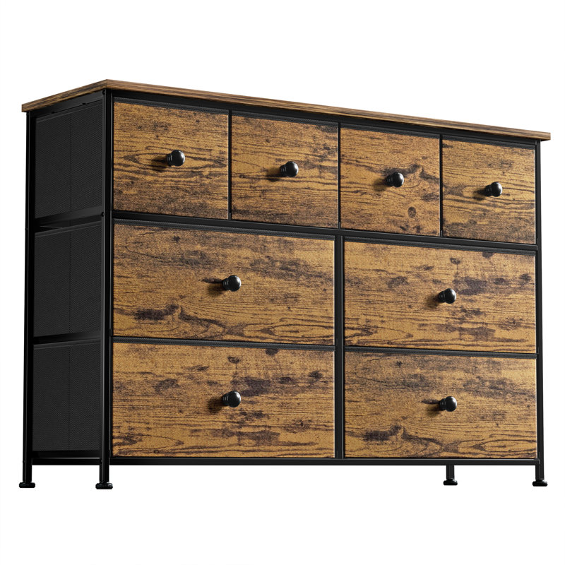 Ojaswi 8-Drawer Dresser, Chest of Drawers with Fabric Storage for Bedroom Color: Rustic Brown/Black