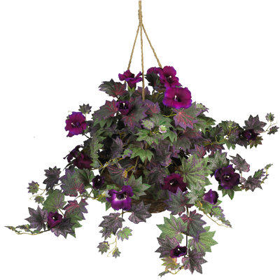 18" Hanging Silk Morning Glory Artificial Flowering Plant in Basket