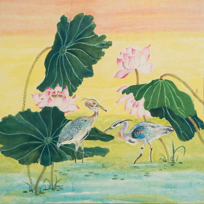 Bloomsbury Market Herons In Lotus Pond I Acrylic Painting Print