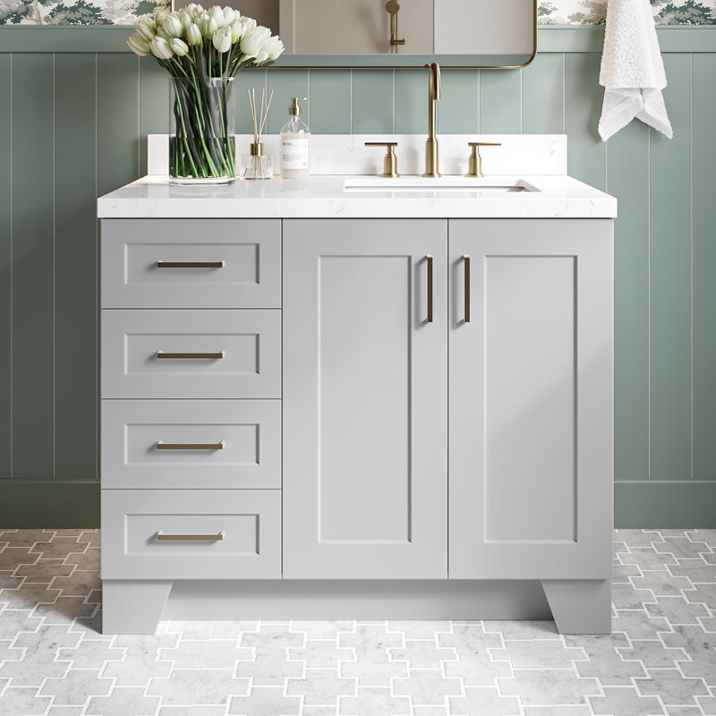 Freitas 42'' Solid Wood Single Bathroom Vanity with 1.5'' Carrara Quartz Top, Right Offset Rectangular Sink Base Finish: Gray