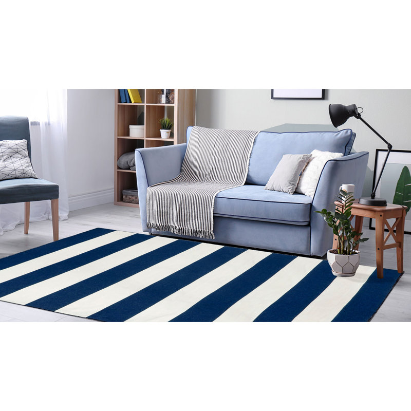 Beachcrest Home Ranier Striped Handmade Flatweave Navy Blue