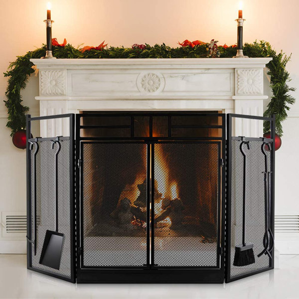 Black Bedroom Decor 3-Panel Large Steel Mesh Fireplace Sreen with Doors Fireplace Tool Sets Fireplace Screen Fire Spark Guard Grate for Living Room Solid Wrought Iron Metal Fire Place Panels